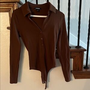 Express Women's Chocolate Brown Long Sleeve Bodysuit